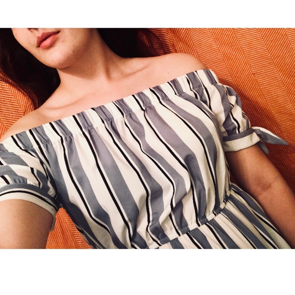 Off-the-shoulder Striped Top with Tie Sleeves